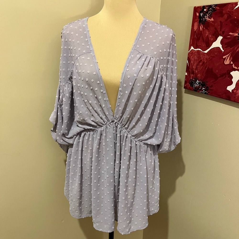 Amelia’s Sheer Chiffon Deep V Blouse with elastic waist, size M